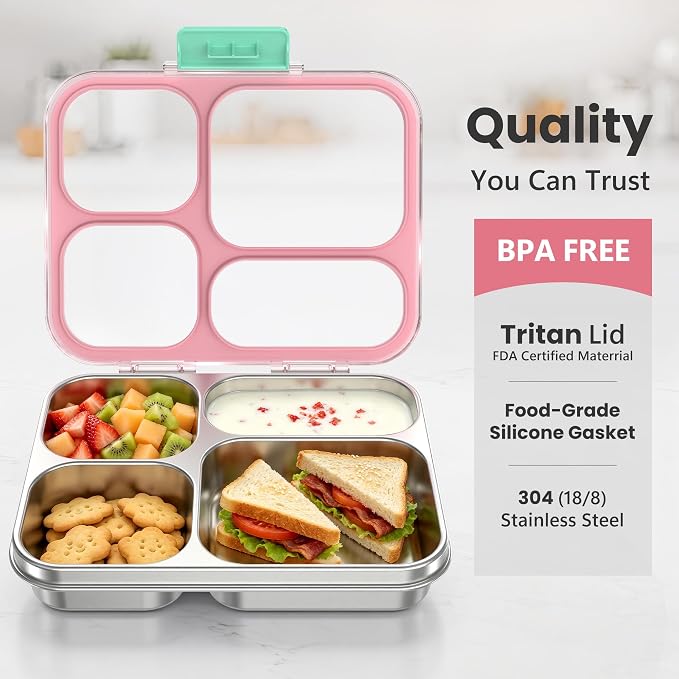 HOMEKOL Stainless Steel Bento Lunch Box, 4 Cups, Pink | 4-Compartment Leak-Proof Metal Lunch Container for Kids & Adults, BPA/BPS-Free, Dishwasher Safe, Clear Lid, (Not Insulated)
