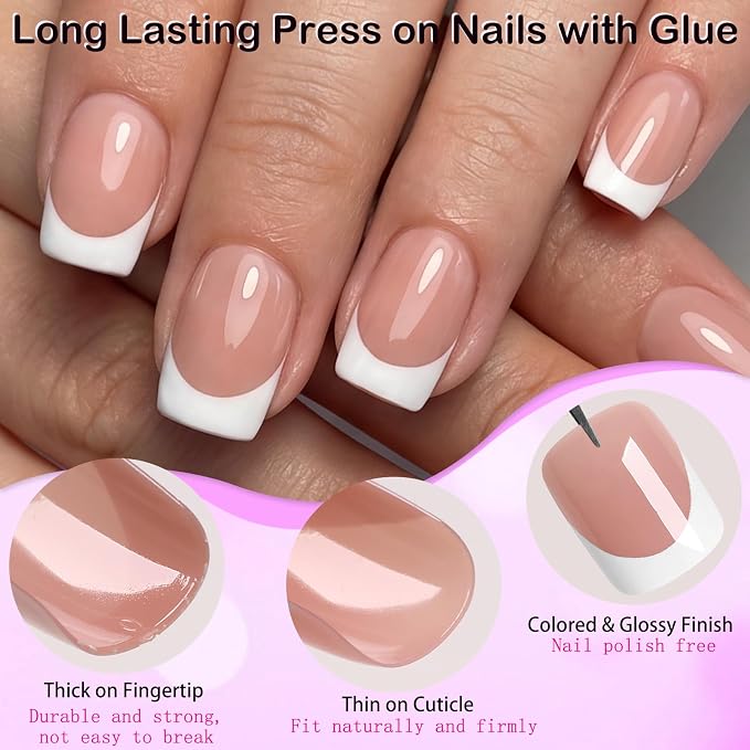 240pc White French Tip Press on Nails Short Square Acrylic Nail, Coffee Press ons Fake Nails with Glue, 12 Sizes Glue on Nails Short Press on Nail Round Square Artificial Stick on Nail for Women