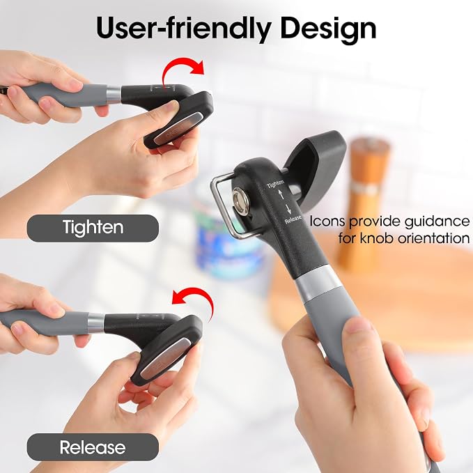 Beneno Can Opener, Manual Side Safe Cut Can Opener Smooth Edge, Gray | Durable Sharp DC53 Steel Cutting Blade, Clean Cut with no Sharp Can Edges, Big Effort-Saving Knob, Comfortable Non-Slip Grip