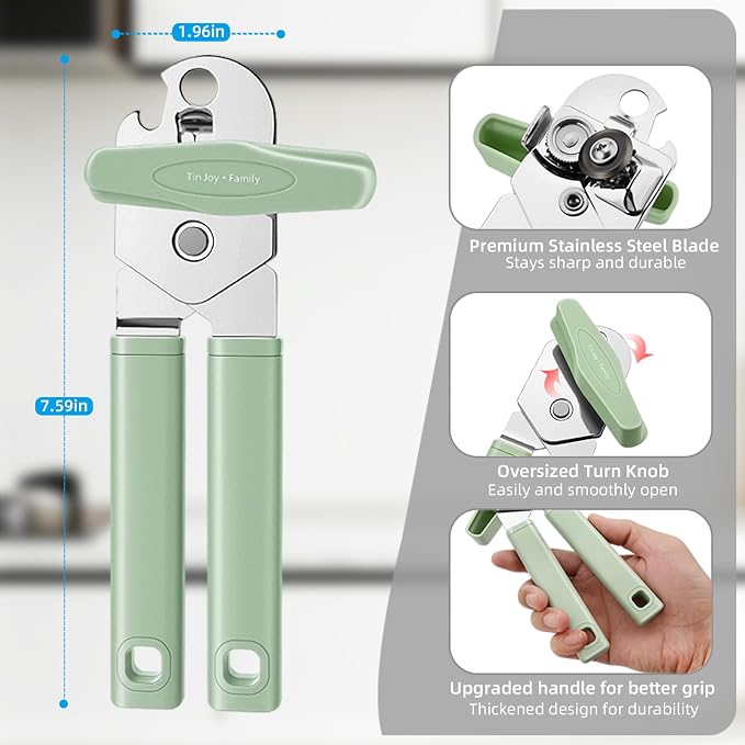 Tin Joy Family Manual Can Opener, Smooth Safe Cutter, Easy Grip | Manual Can Opener, Smooth Edge Safe Cutter, Ergonomic Non-Slip Grip, Color: Light Green