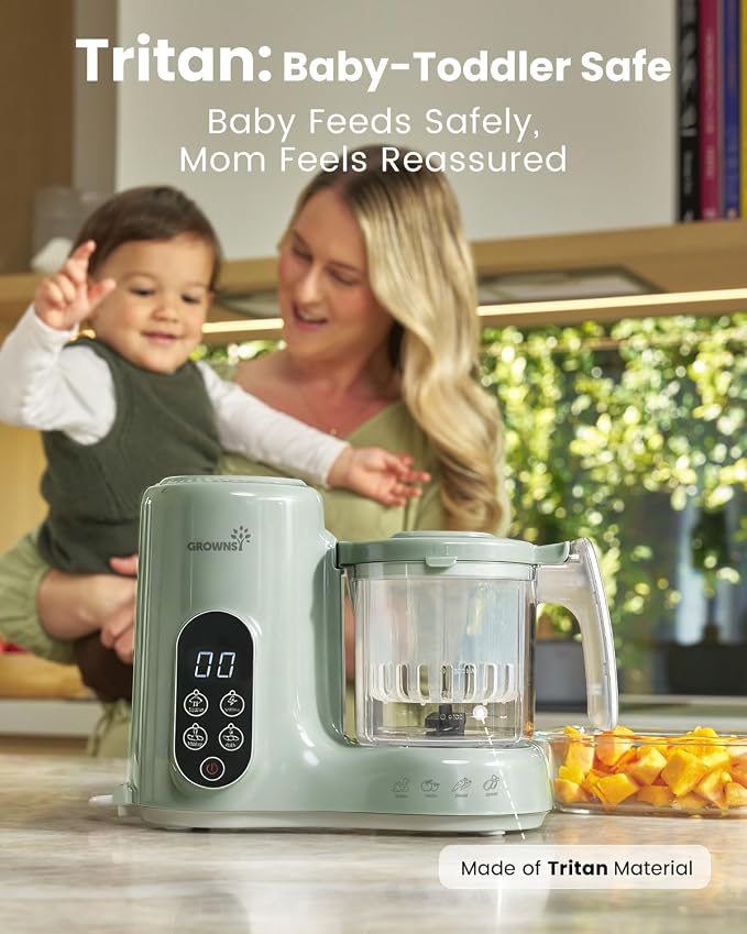 Grownsy Baby Food Maker, Steamer & Blender Baby Food Processor, Green | BPA-Free Elevated Steam Basket, Healthy Homemade Baby Food Purees, Starting Solids & BLW, Baby Feeding Essentials, 6+ Months