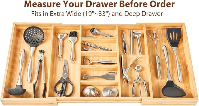 Extra Large Expandable Kitchen Drawer Organizer for Utensil and Junk, 19" Deep for Big Drawer, 19" to 33" Adjustable Bamboo Wood Drawer Divider, Cutlery Tray, Flatware Holder