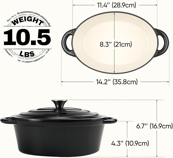 Oval Dutch Oven for Bread Baking, 4.5 Quart Non Stick Enameled Cast Iron Dutch Oven Pot with Lid, Oven Safe Oval Casserole with Lid up to 500°F for Baking, Braising, Stews, Roasting (Black)