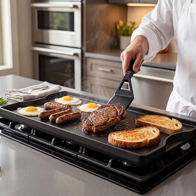 Utheer Reversible Griddle Kit, 19.5 x 10.5 Inch Ceramic Cast Iron Flat Top | Includes 5-piece scratch-safe nylon tools, double-sided cooking surface for stovetop, gas grill, BBQ and camping