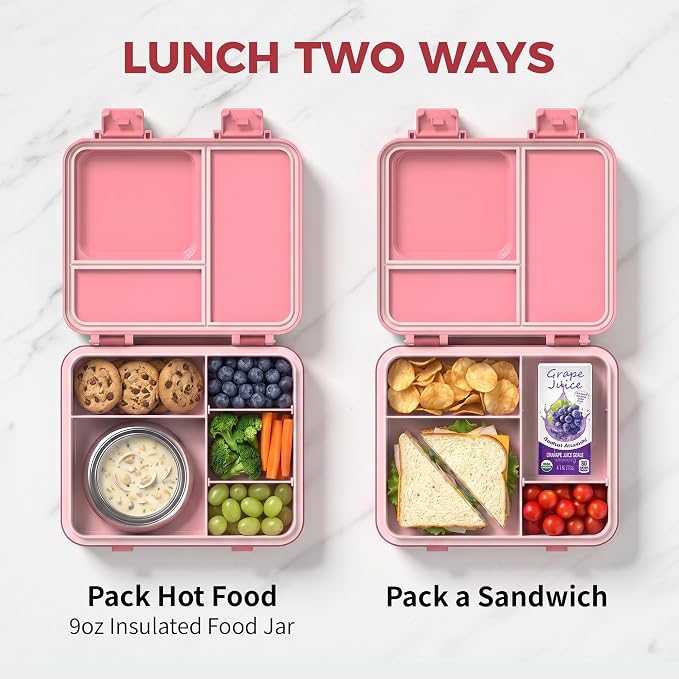 HOMEKOL Bento Lunch Box for Kids with 9oz Insulated Food Jar, Pink | 5-Compartment Leak-Proof Lunch Container for Girls Boys, BPA/BPS-Free, Dishwasher Safe