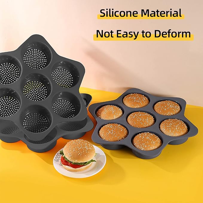 7-cavity Silicone Hamburger Bun Pan, Nonstick Loaf Pan & Heat Resistant Burger Bun Pans for Baking, Bread Pans for Homemade Bread, Bread pans for baking, Easy to Use Burger Pan