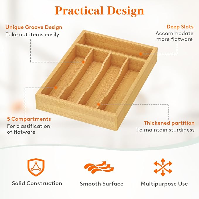 Lifewit Bamboo Silverware Tray for Drawer, 8.6 x 12.5 | Utensil Organizer for Kitchen, Flatware and Cutlery Holder, Storage for Spoons Forks Knives, Natural