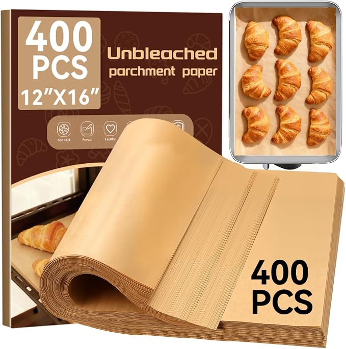 YUANYE 400PCS Parchment Paper Baking Sheets, 12"x16" Unbleached Precut Half Parchment Paper for Baking, Non-Stick Baking Paper for Baking, Grillin, Steaming Bread Cookies, Oven, Air Fryer, Microwave