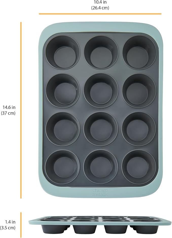 Chicago Metallic 12-Cup Silicone Muffin Pan, Blue - Nonstick Cupcake Baking Pan with Wire-Reinforced Rim, Oven Safe to 428F, Dishwasher Safe, 14.6 x 10.43 Inches