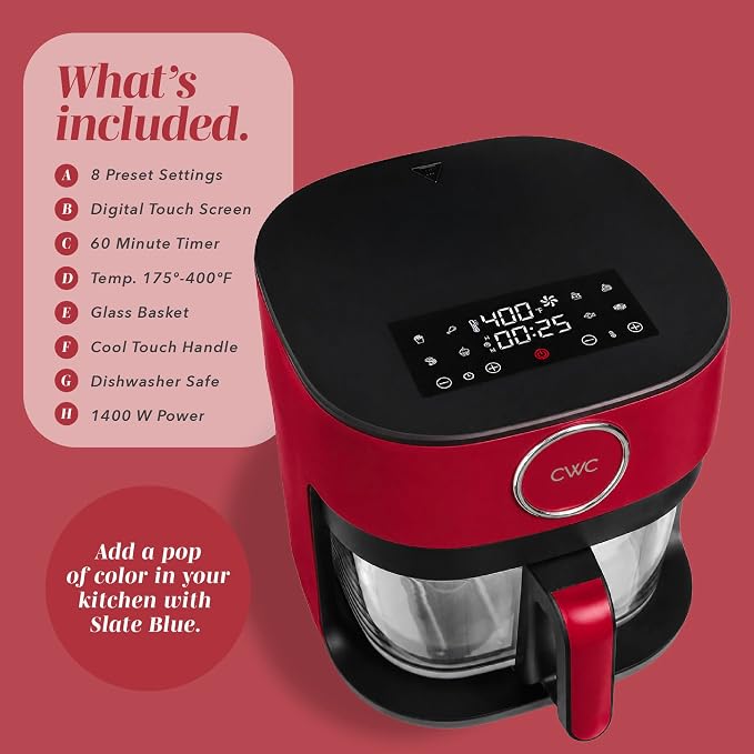 COOK WITH COLOR 1400W 5.5Qt Digital Kitchen Air Fryer with Glass Basket, 8 Presets Healthy Cooking Options, Bake, Fry, Reheat, 60-Min Timer, Adjustable Temperature Control 175°F–400°F, Red