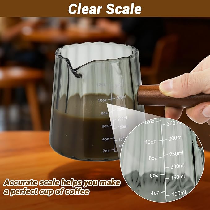 Espresso Measuring Cup 12 Oz, Espresso Glass Cups with Wood Handle, Milk Frothing Cup, Espresso Cup for Coffee, Milk, Tea or Maple Syrup Serving (Gray, 12 oz)