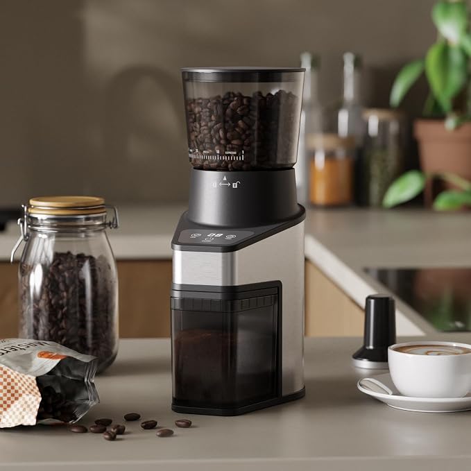 Conical Burr Coffee Grinder with 60 Settings and Touch Screen | 1-60s Timer & 1-8 Cup Dosing, Anti-Static, Removable Ring & Cone Burrs for Easy Cleaning, Low Noise for Home Use, Black