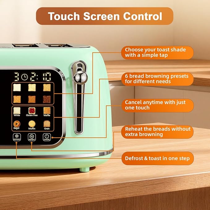 Mecity Toaster 4 Slice, Touch Screen Wide Slot Retro Toaster For Breads Bagel Muffin Waffle, House Warming Gift New Home, 120V 1650W, Light Green