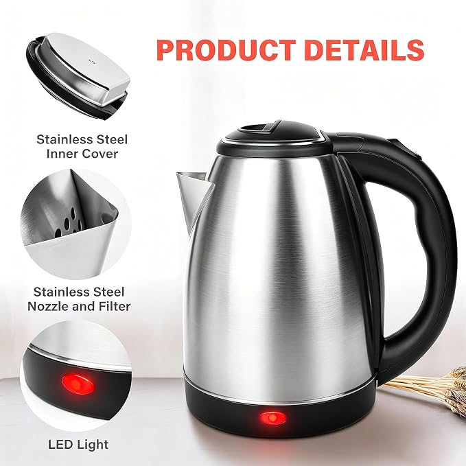 1.8L Stainless Steel Electric Kettle for Tea and Coffee, Silver | 1000W Rapid Boil Hot Water Kettle, Auto Shut-Off, One Touch Lid, 360°Swivel Base, BPA Free