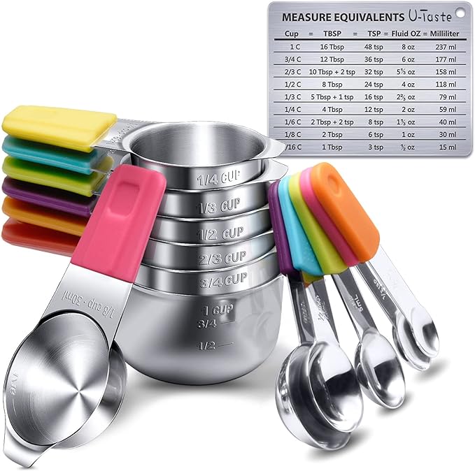 Measuring Cups, U-Taste Magnetic Measuring Cups and Spoons Set of 13 in 18/8 Stainless Steel: 7 Measuring Cups and 5 Measuring Spoons with 1 Professional Magnetic Measurement Conversion Chart | Heavy Duty Magnetic Measuring Cups, Measure Spoon All in O...