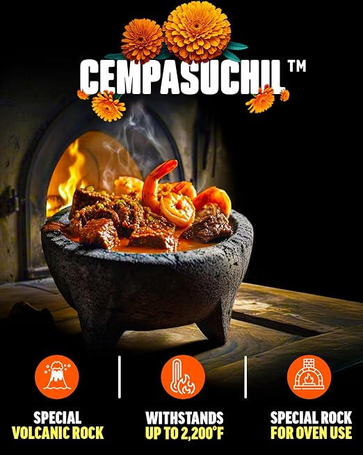 Authentic Molcajete Mexicano Made of Volcanic Rock | 3 Pcs Set (1 Mortar + 1 Pestle + 1 MexTowel) High-Heat Resistant, Mexican Mortar and Pestle Set, Guacamole Bowl and Masher