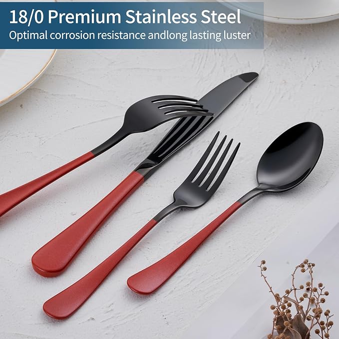20-Piece Red Silverware Set 18/0 Stainless Steel Black Silverware Set Red Handle Cutlery Set Service for 4 Dinner Knives Forks Spoons Set Black Flatware SetFinish Dishwasher Safe
