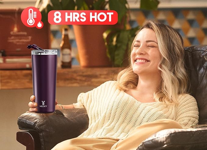 Meoky 24 oz Insulated Travel Coffee Mug: Leak Proof Lid, Plum | Stainless Steel Coffee Tumbler, Keeps Hot for 8 Hours or Cold for 24 Hours, Fits in Car Cup Holder, BPA Free