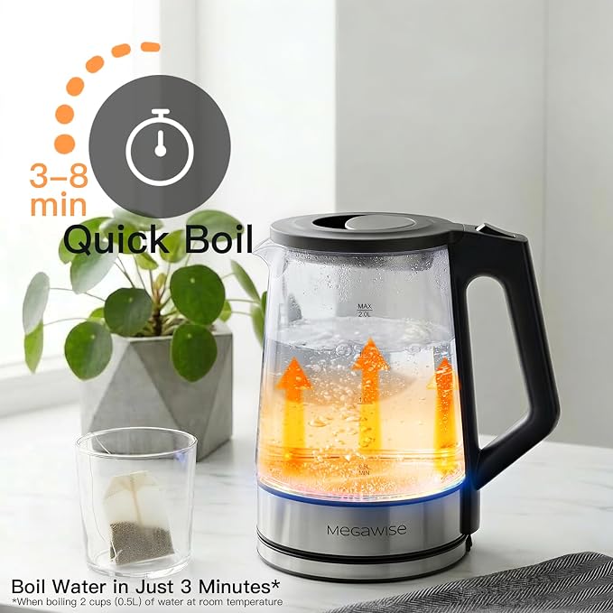 MEGAWISE 2L Electric Kettle, 1000W, BPA-Free Large Water Jug with Handle & Time Markers, Motivational Leak-Proof Bottle for Office, Home, Gym - Ensure Daily Hydration