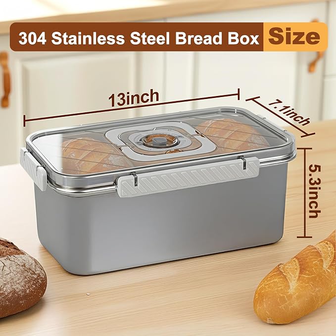 Gifhomfix Bread Box Airtight 304 Stainless Steel Bread Container, Dishwasher Safe Bread Storage for Homemade Bread, Time Recording Bread Storage Container with Lid and Handle