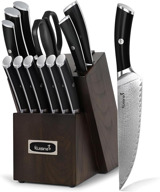 KUISINE 14-Piece Damascus Knife Set with Block, Ultra Sharp | Ergonomic Non-slip Handle Chef Knife Set with Built-in Sharpener, Dishwasher Safe, Luxury Gift for Holiday