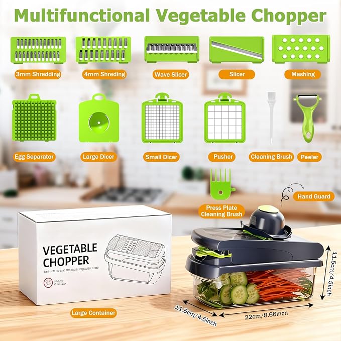 15 in 1 Vegetable Chopper with Container and Stainless Steel Blades | For onions, potatoes and vegetables. Large 1.5L container with drain basket for convenient washing and meal preparation