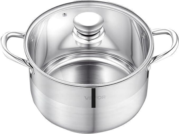 VEVOR Stainless Steel Stock Pot, 8QT Stainless Steel Stockpot with Glass Lid, PFOA-Free, PFAS-Free, Compatible with Gas Stoves, Induction Cooktops, Electric Stoves, for Soups, Stews, and Pasta