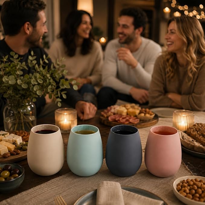 Unbreakable Silicone Stemless Wine Glassware Shatterproof Tumblers Set of 4 | Reusable Silicone Drinkware, Shatterproof & BPA-Free, Perfect for Wine, Cocktails, Champagne, Pool, Beach & Camping