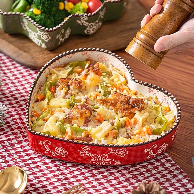 WAIT FLY Ceramic Sakura Pie Pan 33 OZ Quiche Baking Dish Heart Shape Pie Dish for Lasagna, Apple Pie-1 PCS-Red