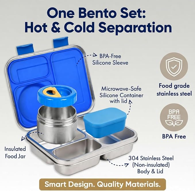 Stainless Steel Bento Lunch Box with 8 oz Insulated Food Jar – 54 oz – Leak-Resistant 3-Compartment Kids & Adult Metal Meal Container with Silicone Container and Thermo for Work & School, BPA-Free