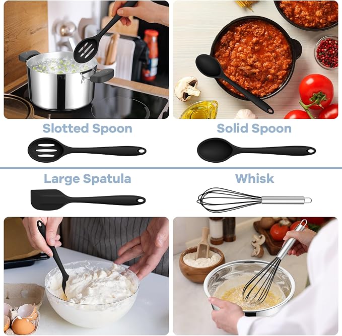 TeamFar Silicone Cooking Utensils Set, 8 PCS Kitchen Utensils Set, Black | 446°F Heat Resistant Turner, Spatula, Spoon, Whisk, Kitchen Cooking Gadgets Tools, for Nonstick Cookware, Dishwasher Safe
