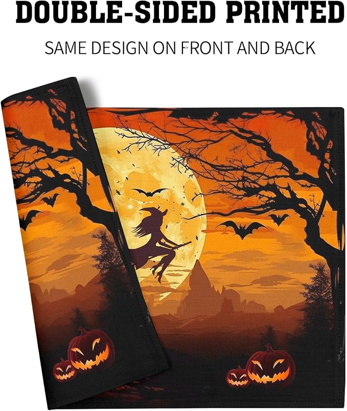Halloween Witch Placemats Set of 6 18x12 Inch Bat Castle Pumpkin Linen Place Mats Heat-Resistant Washable Wipeable Holiday Table Mat for Party Kitchen Dining Room Dinner Table Decor