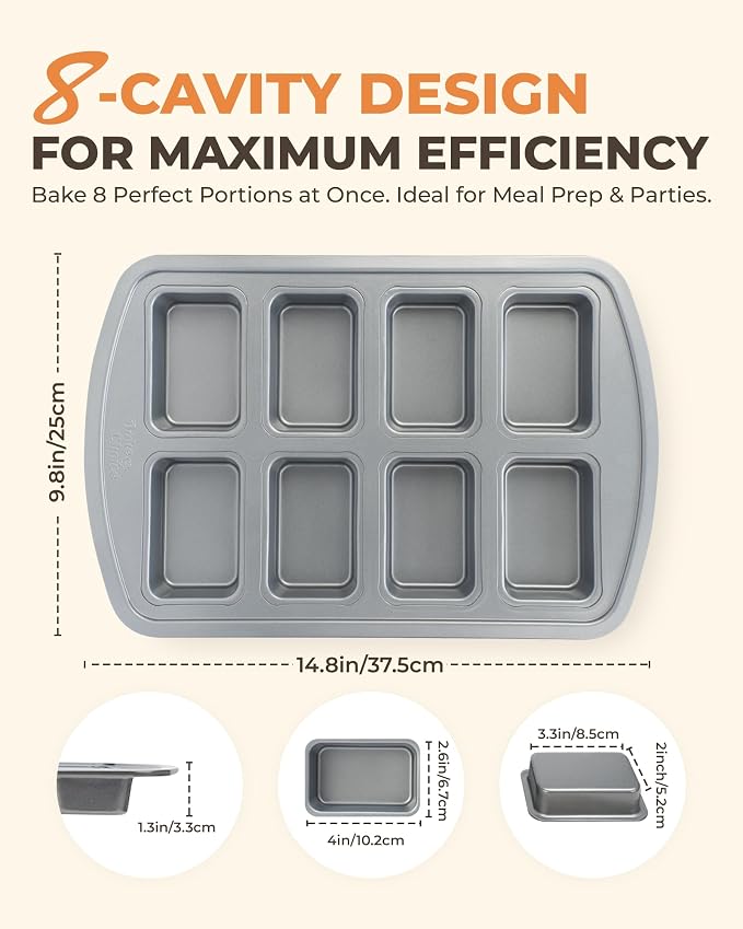 Bake Choice Mini Loaf Pan, 8-Cavity Non-Stick Carbon Steel Baking Pans Set | Baking Pan for Banana Bread, Cornbread, Cheesecake, Muffins, Pound Cake, Small Meatloaf, Bread Pan