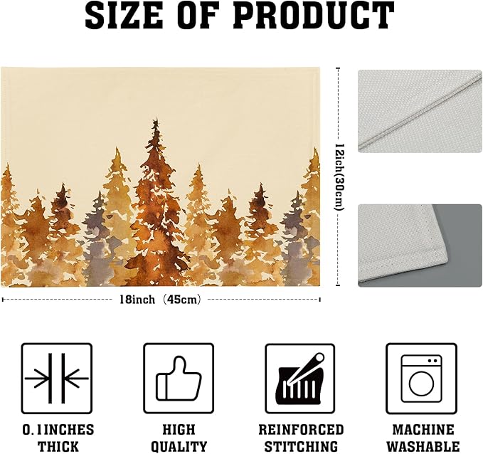 Fall Forest Placemats Set of 4 18x12 Inch Autumn Tree Linen Place Mats Heat-Resistant Washable Wipeable Orange Pine Tree Table Mat for Party Kitchen Dining Room Dinner Table Decor