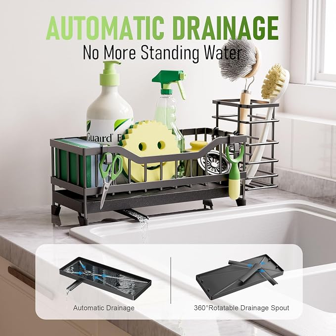 Sponge Holder for Kitchen Sink, Kitchen Sink Caddy with Long-Handled Dish Brushes Holder, 304 Rustproof Stainless Steel Countertop Organizers and Storage, Home Kitchen Sink Accessories (Black)