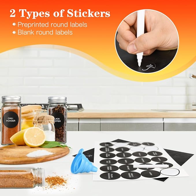DkOvn 36pcs Glass Spice Jars, 4oz Empty Spice Jars with Metal Caps, Labels, Shaker Lids, Collapsible Funnel, Chalk Pen, Seasoning Organizer for Spice Rack | with Metal Caps, Labels, Shaker Lids, Collapsible Funnel, Chalk Pen, Seasoning Organizer for Sp...