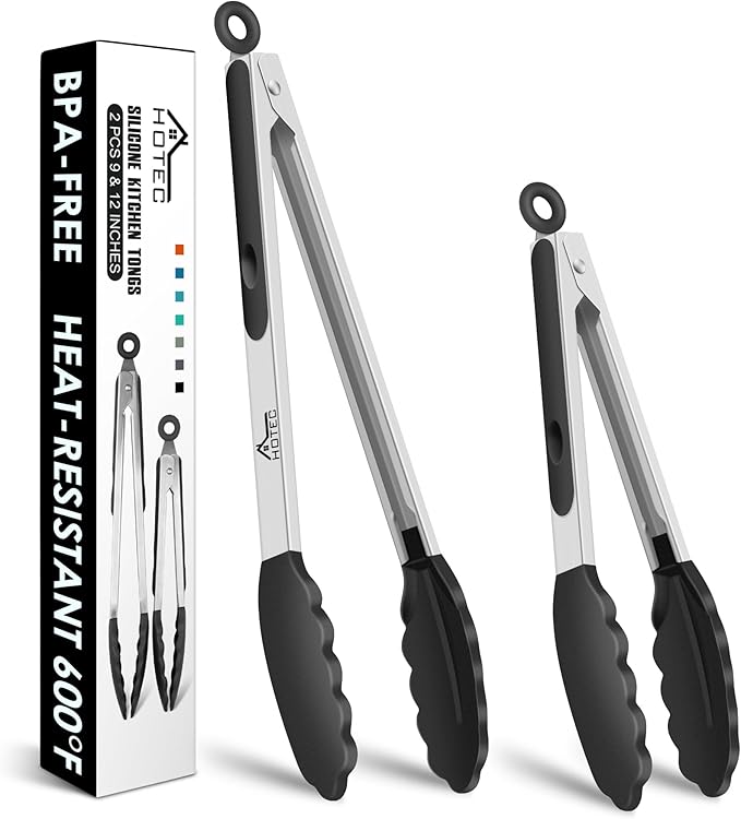 HOTEC Premium Stainless Steel Locking Kitchen Tongs with Silicon Tips, Set of 2-9" and 12"