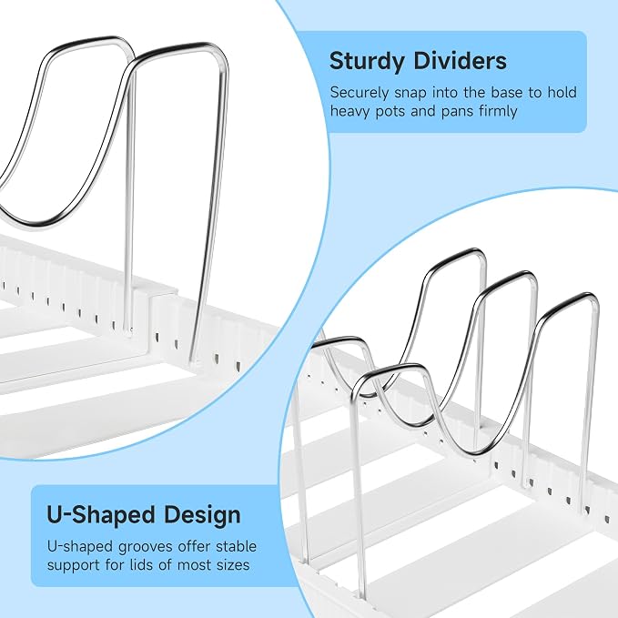 MUDEELA Pots and Pans Organizer under Cabinet, Pan Pot Organizer Inside Cabinet, Expandable 12.9''-21.88'' Pot Lid Organizer Holder with 12 Adjustable Dividers for Cutting Boards, Pan Lid Rack, White