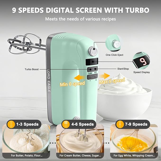 Lord Eagle 9-Speed Digital Hand Mixer Electric Handheld, 500W DC Motor | Kitchen Mixer for Cake Baking, Lightweight Egg Beaters with Stain-resistant & Waterproof Storage Bag & 6 Accessories, Green