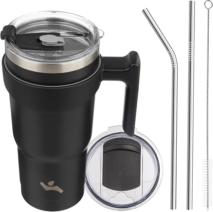 Konokyo 20 oz Tumbler with Handle and Straw, Insulated Travel Mug | Black; BPA-free, leak-proof tumbler with 2 lids, 2 straws, cup holder fit for coffee, office, travel & daily use