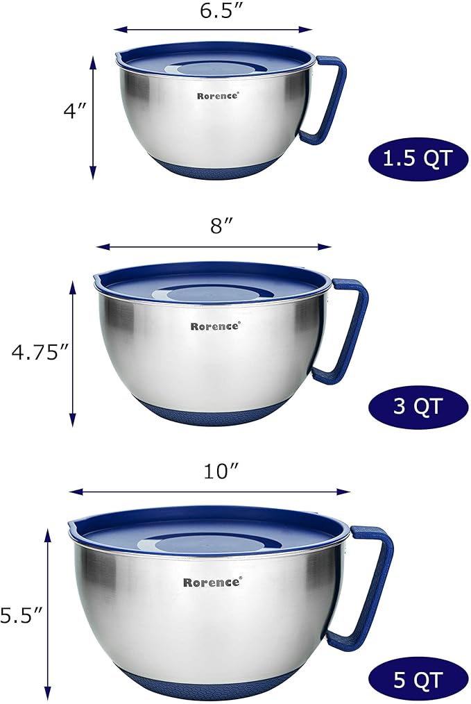 Stainless Steel Mixing Bowls Set with Lids,1.5,3 & 5 Qt,Blue | Non-Slip Silicone Base,Precision Pour Spout,Ergonomic Easy-Grip Handle,Measurement Marks,Airtight Lids,Cooking & Meal Prep