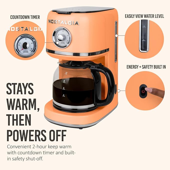 Nostalgia Classic Retro 10 Cup Coffee Maker - One-Touch Drip Brew, Reusable Filter - Anti-Drip, Auto Shutoff, & Time Display - Dishwasher Safe 50 oz Carafe - Orange