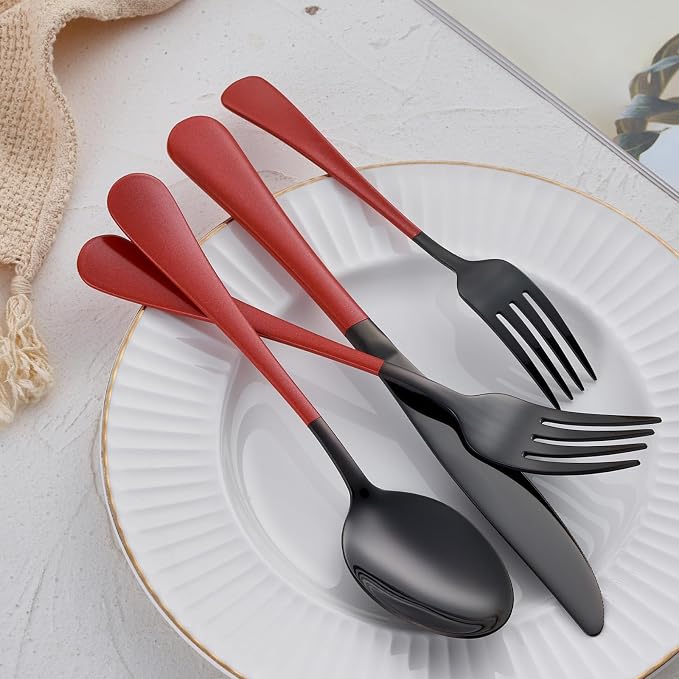 20-Piece Red Silverware Set 18/0 Stainless Steel Black Silverware Set Red Handle Cutlery Set Service for 4 Dinner Knives Forks Spoons Set Black Flatware SetFinish Dishwasher Safe
