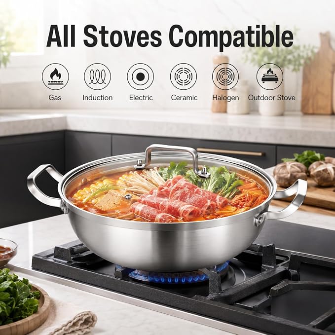 DELARLO Tri-Ply Stainless Steel Hot Pot 12 inch Everyday pan With lid,4QT | Deep Saute Pan,Kitchen Everything Pan, High Side Chef's Pans, Induction Cooking Pot, Dishwasher Safe,Stock Pot Up To 600℉