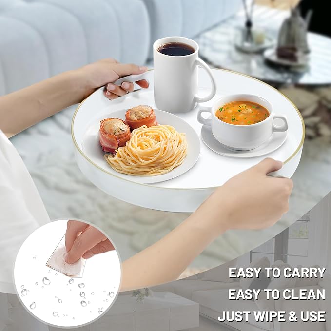13" White Decorative Tray, Plastic Round Serving Tray with Handles | Decorative Tray for Coffee Table, Modern Ottoman Tray, Circle Tea Tray, Round Melamine Tray for Living Room, Bathroom