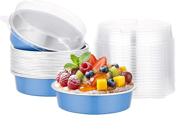 Beasea Mini Tart Pans with Lids 20 Pack, 4" 7.3oz Disposable Aluminum Foil Baking Tins Cups Round Pie Container for Individual Cupcake Dessert Muffin Cheesecake Quiche - Moon Blue