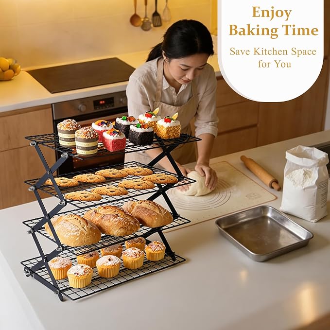 4 Tier Cooling Rack, Adjustable Collapsible Stainless Steel Baking Rack | Tight-Mesh X-Frame Stand for Cookies, Bread, Cakes, Pastries and Meal Prep