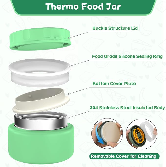 Aimsnk Lunch Box Kids with Thermo Insulated Lunch Bag for School, Green | Bento Lunch Box for Kids with 8oz Food Jar, Leak Proof Hot Lunch Containers with 4 Compartment, Warm Lunchbox for Toddler