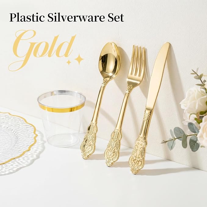 120PCS Gold Plastic Silverware, Vintage Disposable Utensils & Cutlery | 40 Fancy Forks, Spoons, Knives, Heavy Duty, BPA-Free, for Party, Weddings, Birthday & Holiday