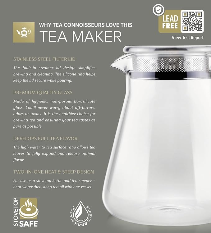 Teabloom One-Touch Tea Maker, 2-in-1 Teapot and Kettle with Stainless Steel Filter Lid for Loose Tea – Stain-Free Borosilicate Glass Teapot (40 Oz) – Tea Connoisseur's Choice